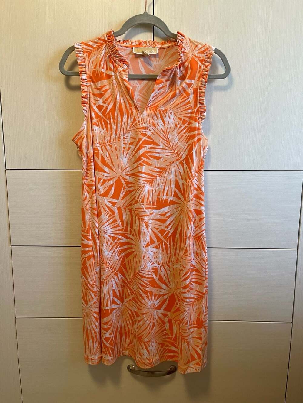 MICHAEL Michael Kors Orange Palm Leaf Ruffle Trim Sleeveless Shirt Dress